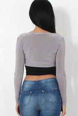 Kola Grey Tie Front Crop Top