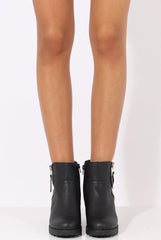 Black PU Cleated Sole Zip Detail Ankle Boots - Stacey