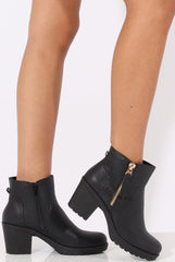 Black PU Cleated Sole Zip Detail Ankle Boots - Stacey