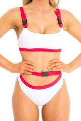 White and Red Buckle Detail Cut Out Bikini  - Duru