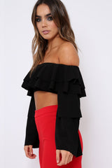 Black extreme Layered Frill Bardot Crop Top - Nevaeh