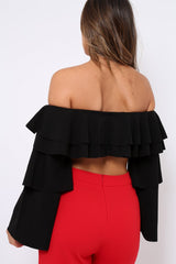 Black extreme Layered Frill Bardot Crop Top - Nevaeh