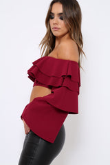 Wine extreme Layered Frill Bardot Crop Top - Nevaeh