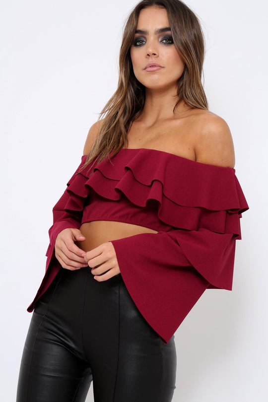 Wine extreme Layered Frill Bardot Crop Top - Nevaeh