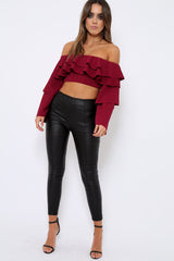 Wine extreme Layered Frill Bardot Crop Top - Nevaeh