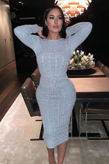 Grey Tie Waist High Neck Midi Jumper Dress - Ennie