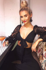 Black Lace Puff Sleeve Tie Front Crop Blouse - Nishka