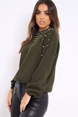 Khaki Puff Sleeve Pearl Chunky Knit Jumper - Nancie