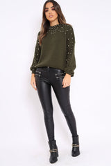 Khaki Puff Sleeve Pearl Chunky Knit Jumper - Nancie