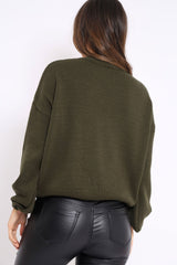 Khaki Puff Sleeve Pearl Chunky Knit Jumper - Nancie