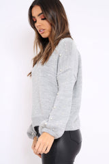 Light Grey Puff Sleeve Pearl Chunky Knit Jumper - Nancie