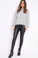 Light Grey Puff Sleeve Pearl Chunky Knit Jumper - Nancie