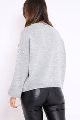 Light Grey Puff Sleeve Pearl Chunky Knit Jumper - Nancie