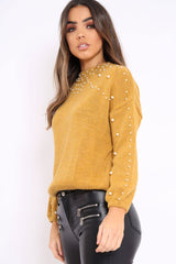 Mustard Puff Sleeve Pearl Chunky Knit Jumper - Nancie