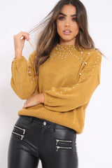 Mustard Puff Sleeve Pearl Chunky Knit Jumper - Nancie