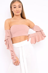 Nude Bardot Frill Sleeve Crop Top - Nancie