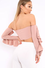 Nude Bardot Frill Sleeve Crop Top - Nancie