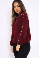 Wine Puff Sleeve Pearl Chunky Knit Jumper - Nancie