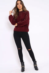 Wine Puff Sleeve Pearl Chunky Knit Jumper - Nancie