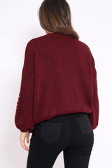Wine Puff Sleeve Pearl Chunky Knit Jumper - Nancie