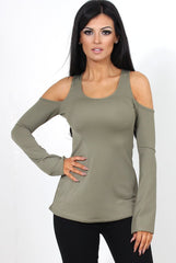 Nancy Khaki Cold Shoulder Top