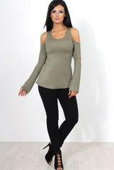 Nancy Khaki Cold Shoulder Top