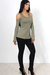 Nancy Khaki Cold Shoulder Top