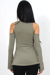 Nancy Khaki Cold Shoulder Top
