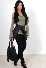 Nancy Khaki Cold Shoulder Top
