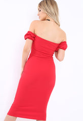 Red Plunge V Bardot Midi Bodycon Dress - Nanda