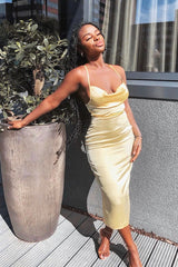 Yellow Satin Cowl Neck Midi Bodycon Dress - Liliana