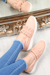 Pink Faux Suede Frill Slip On Trainers - Nara