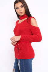 Red Distressed Pearl Chunky Knit Jumper - Narla