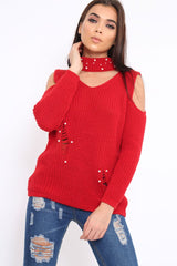 Red Distressed Pearl Chunky Knit Jumper - Narla