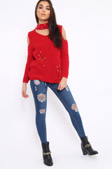 Red Distressed Pearl Chunky Knit Jumper - Narla