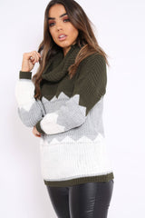 Khaki Grey and White ZigZag Patterned Roll Neck Jumper - Nataley