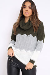 Khaki Grey and White ZigZag Patterned Roll Neck Jumper - Nataley
