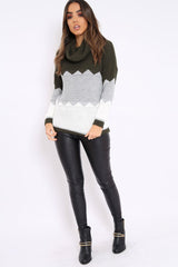 Khaki Grey and White ZigZag Patterned Roll Neck Jumper - Nataley