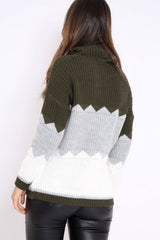 Khaki Grey and White ZigZag Patterned Roll Neck Jumper - Nataley