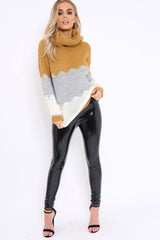 Mustard Grey and Cream ZigZag Patterned Roll Neck Jumper - Nataley