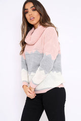Rose Grey and White ZigZag Patterned Roll Neck Jumper - Nataley