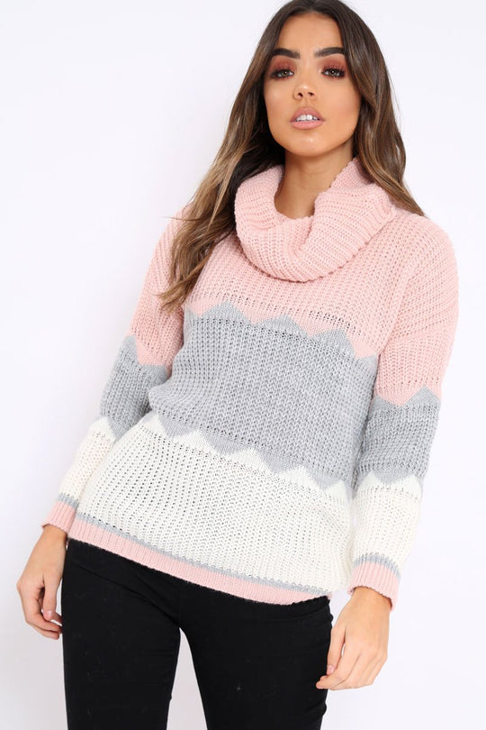 Rose Grey and White ZigZag Patterned Roll Neck Jumper - Nataley