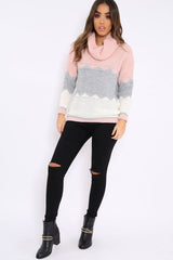 Rose Grey and White ZigZag Patterned Roll Neck Jumper - Nataley