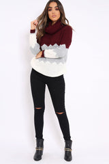 Wine Grey and Cream ZigZag Patterned Roll Neck Jumper - Nataley