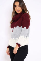 Wine Grey and Cream ZigZag Patterned Roll Neck Jumper - Nataley