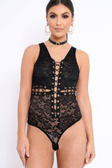 Black Lace Eyelet Cross Bodysuit - Natallia