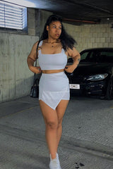 White Buckle Crop Top and Asymmetric Skirt Set - Natalie