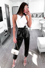 Black Faux Leather Paper Bag Belted Tapered Trousers - Lucia