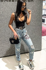 Light Wash Love Graffiti Print Distressed Boyfriend Jeans - Maggie