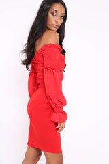 Red Shirred Wrap Over Bardot Mini Dress - Natasha